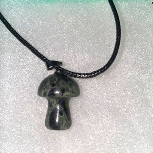 Green Jasper Mushroom on Black Cord Necklace 16”